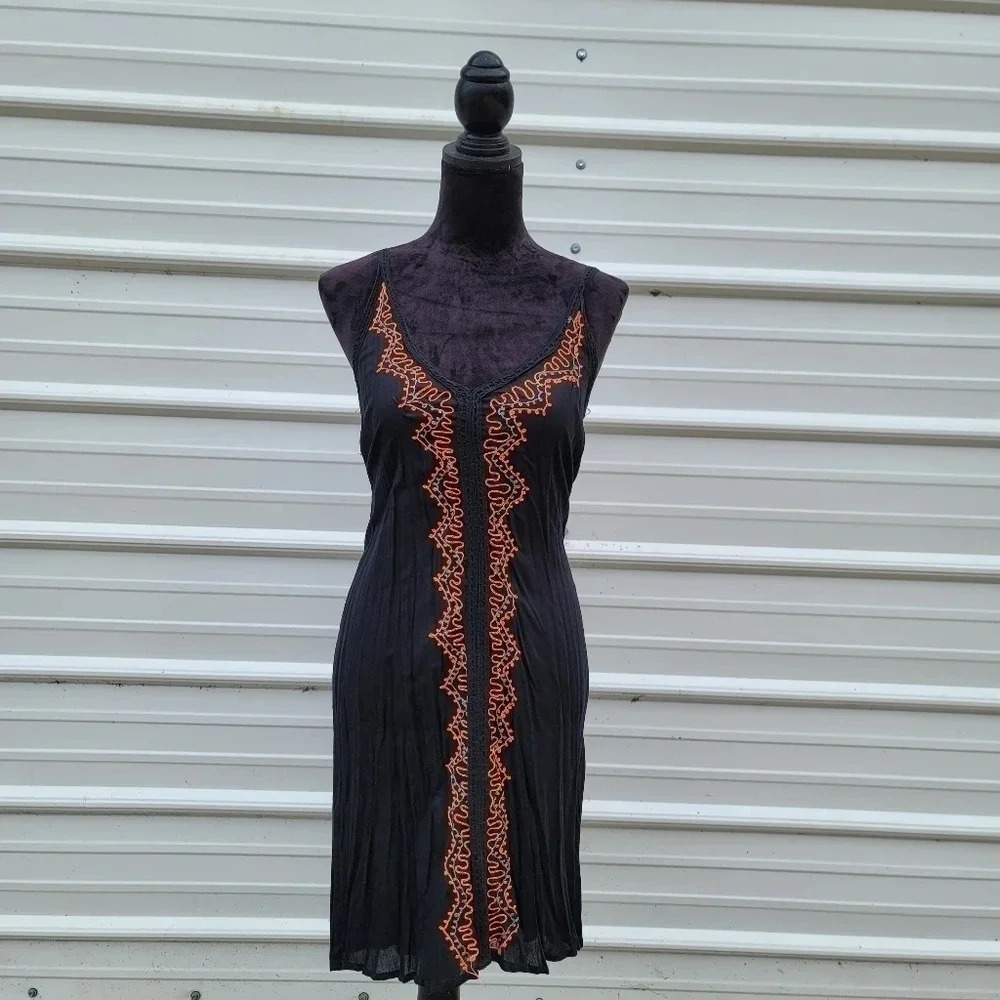 NWT Exist Women's Black Neon Orange Embroidered Slip Dress Tankini Sz Small S